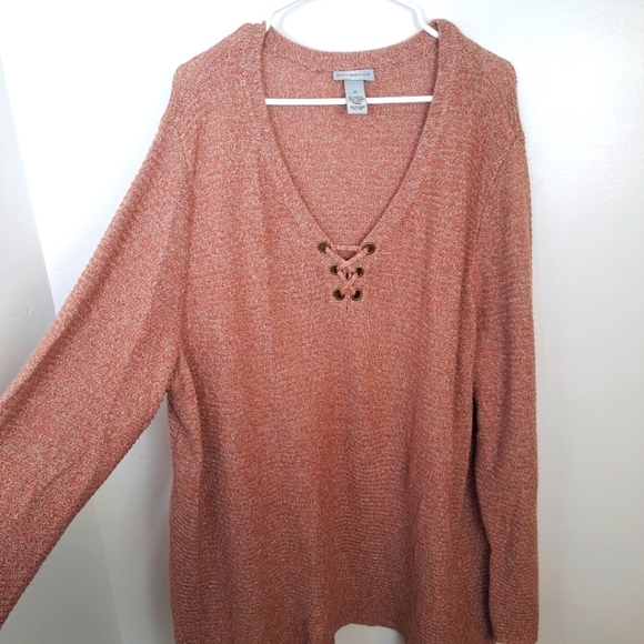 Catherines Sweaters - Catherines Orange Metallic Knit Lace Up Neckline Closet Staple Sweater Size 3X